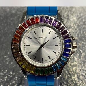 Men’s “”Strada Silver Watch with Multicolor Bezel / Blue Band